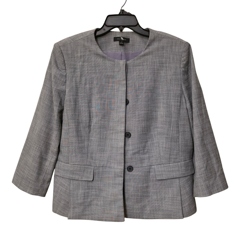 Ann Taylor Gray Crosshatch Peplum Blazer Jacket Size 14 Three Button Collarless